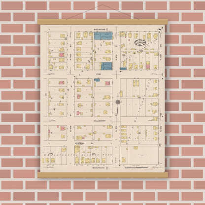 Old map wall art mockup — magnetic wood frame on brick wall — Sanborn Fire Insurance Map from Clinton, Vermillion County, Indiana (1921), Sheet #0007