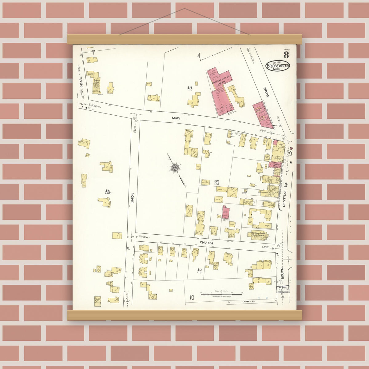 Old map wall art mockup — magnetic wood frame on brick wall — Sanborn Fire Insurance Map from Bridgewater, Plymouth County, Massachusetts (1921), Sheet #0008
