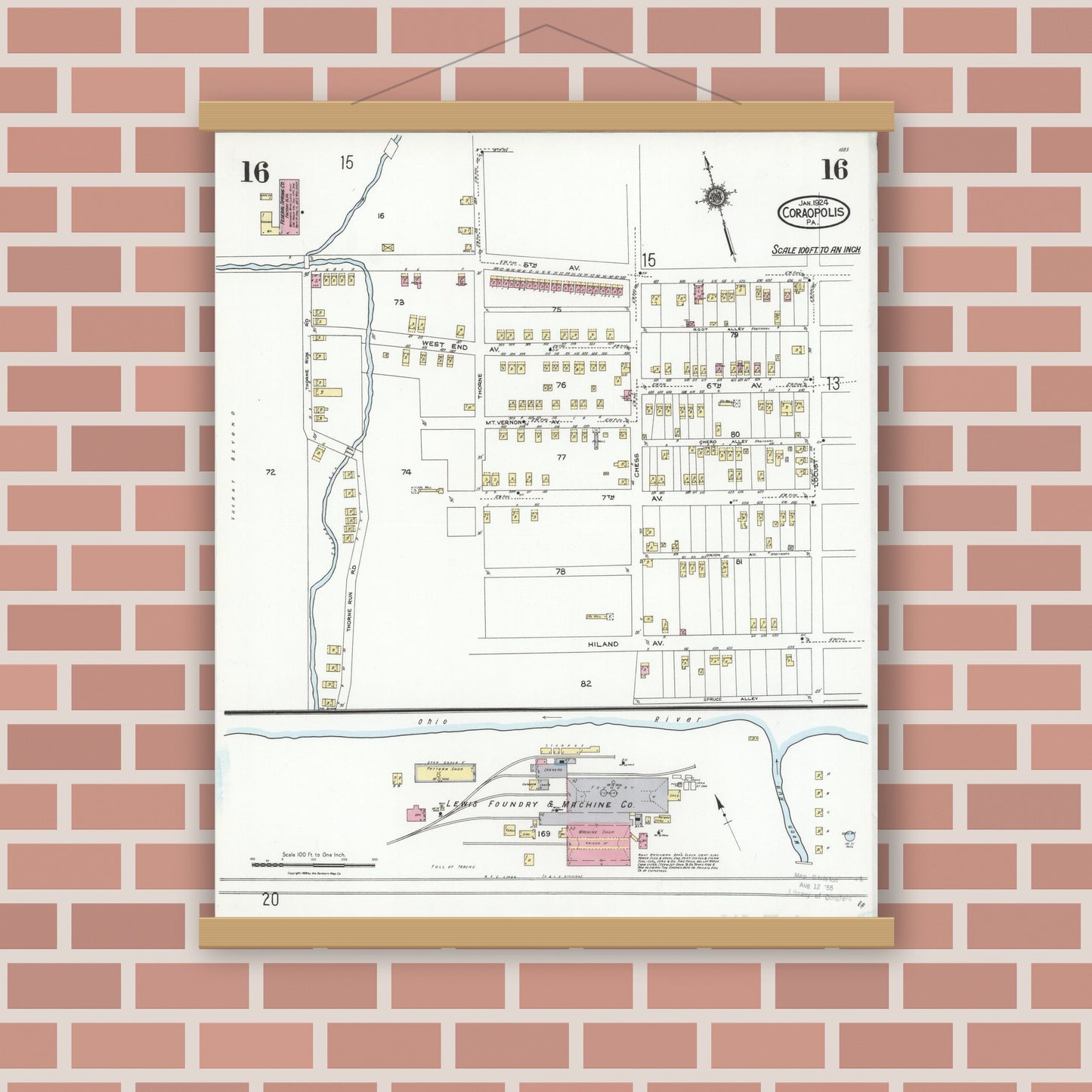 Old map wall art mockup — magnetic wood frame on brick wall — Sanborn Fire Insurance Map from Coraopolis, Allegheny County, Pennsylvania (1924), Sheet #0016