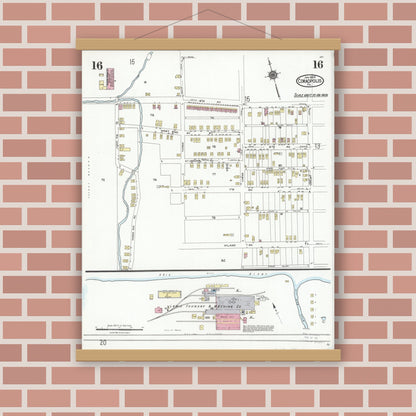 Old map wall art mockup — magnetic wood frame on brick wall — Sanborn Fire Insurance Map from Coraopolis, Allegheny County, Pennsylvania (1924), Sheet #0016