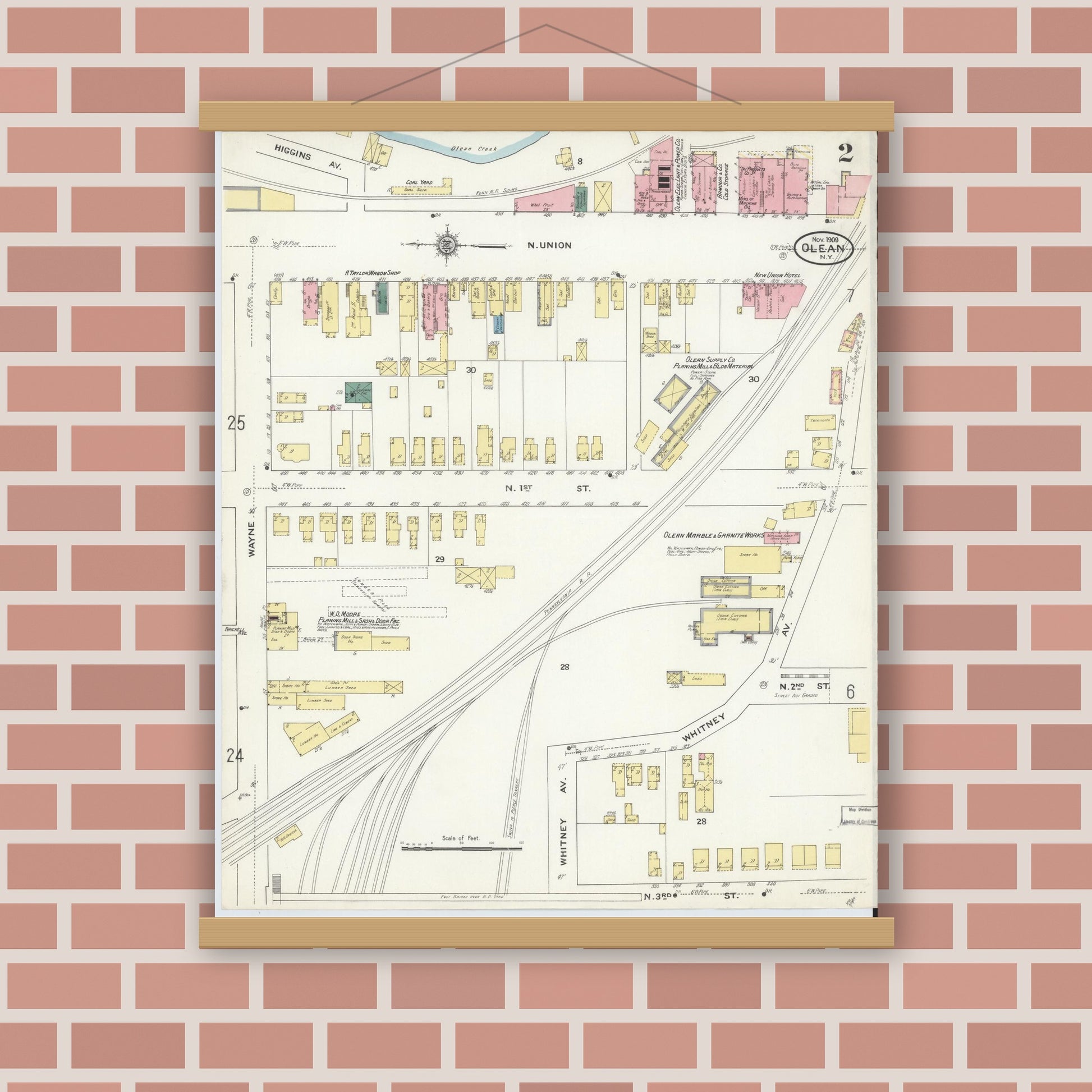 Old map wall art mockup — magnetic wood frame on brick wall — Sanborn Fire Insurance Map from Olean, Cattaraugus County, New York (1909) - Complete Map Set