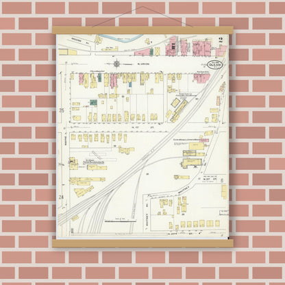 Old map wall art mockup — magnetic wood frame on brick wall — Sanborn Fire Insurance Map from Olean, Cattaraugus County, New York (1909) - Complete Map Set
