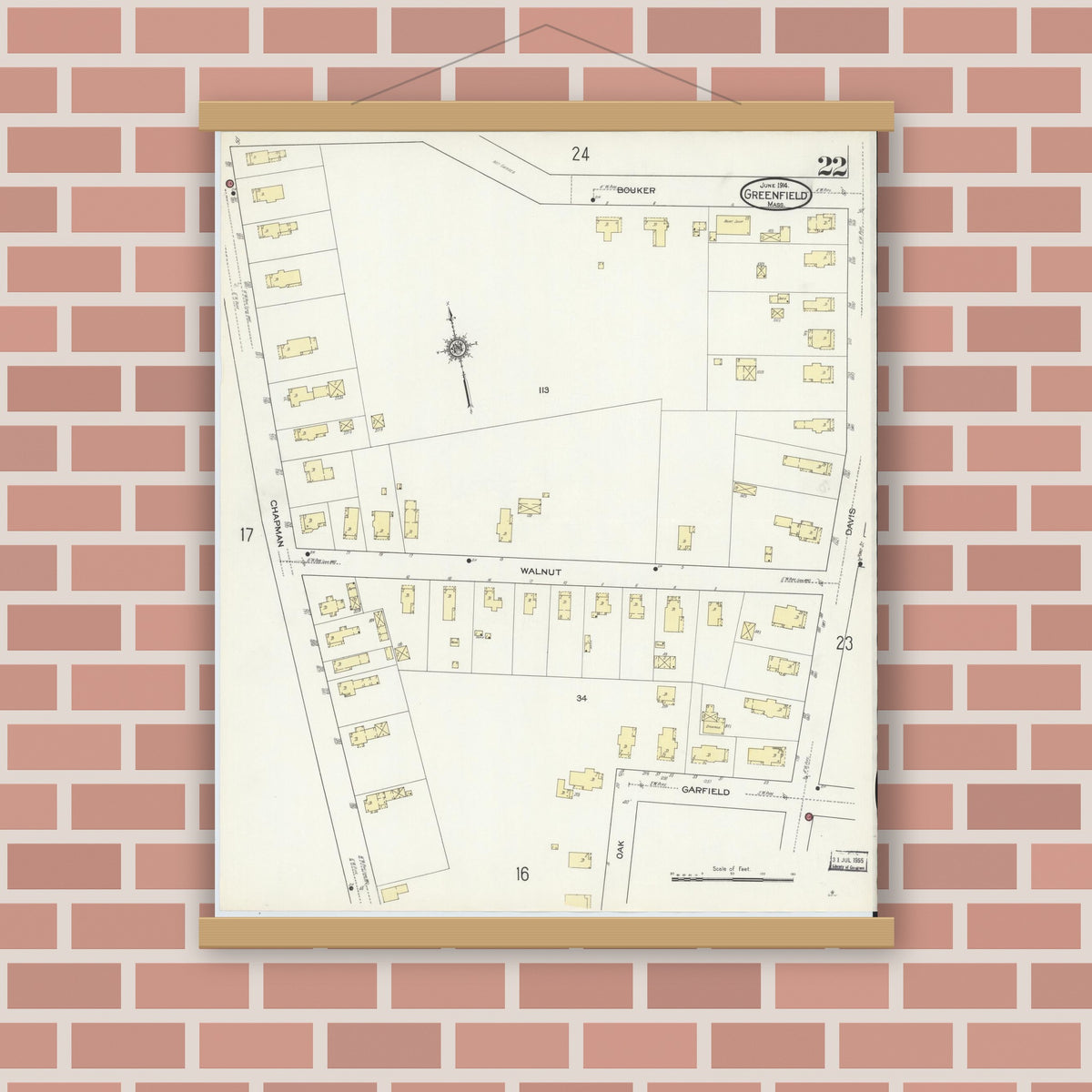 Old map wall art mockup — magnetic wood frame on brick wall — Sanborn Fire Insurance Map from Greenfield, Franklin County, Massachusetts (1914), Sheet #0022