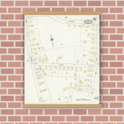 Old map wall art mockup — magnetic wood frame on brick wall — Sanborn Fire Insurance Map from Greenfield, Franklin County, Massachusetts (1914), Sheet #0022