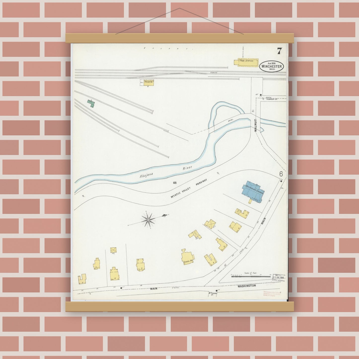 Old map wall art mockup — magnetic wood frame on brick wall — Sanborn Fire Insurance Map from Winchester, Middlesex County, Massachusetts (1899), Sheet #0007