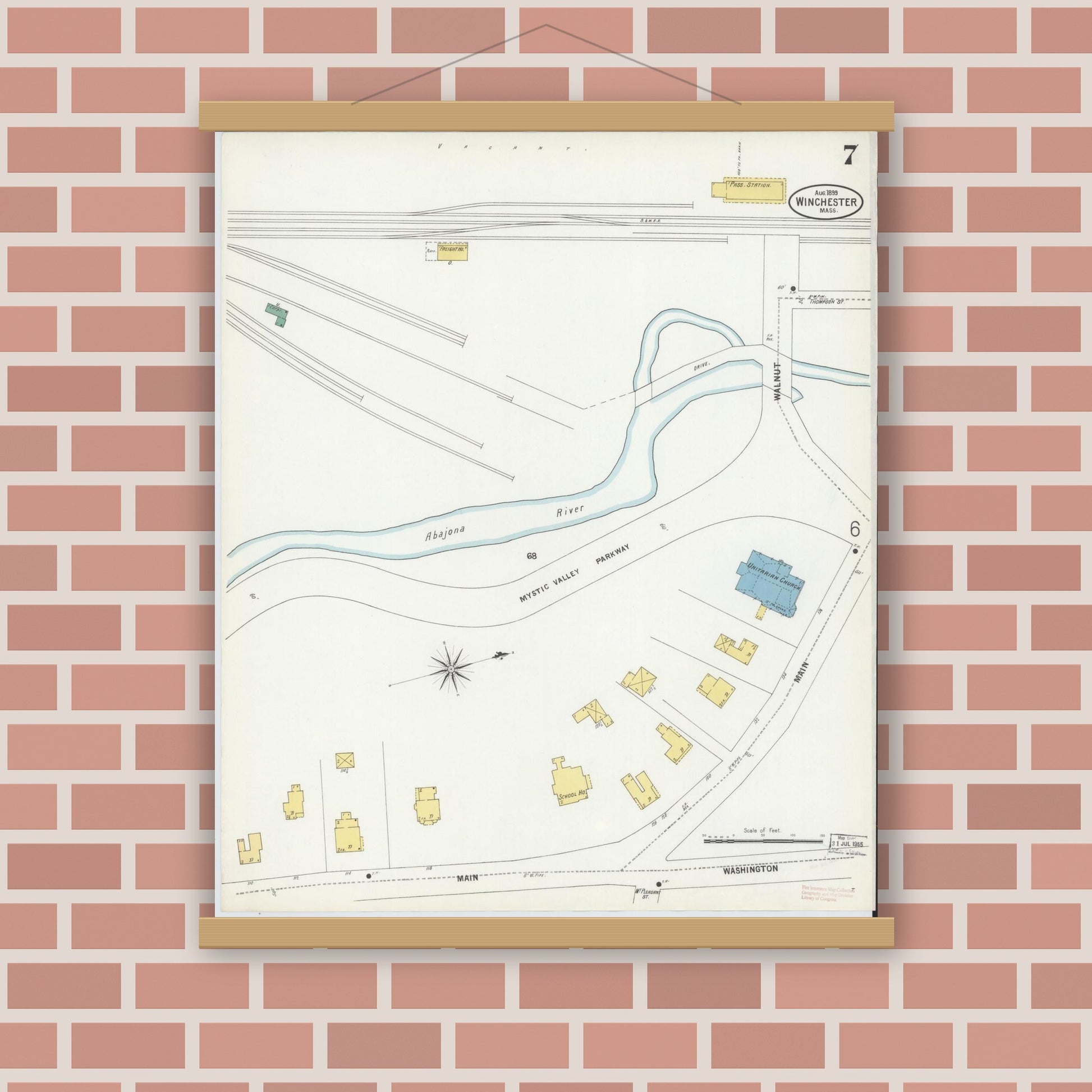 Old map wall art mockup — magnetic wood frame on brick wall — Sanborn Fire Insurance Map from Winchester, Middlesex County, Massachusetts (1899), Sheet #0007