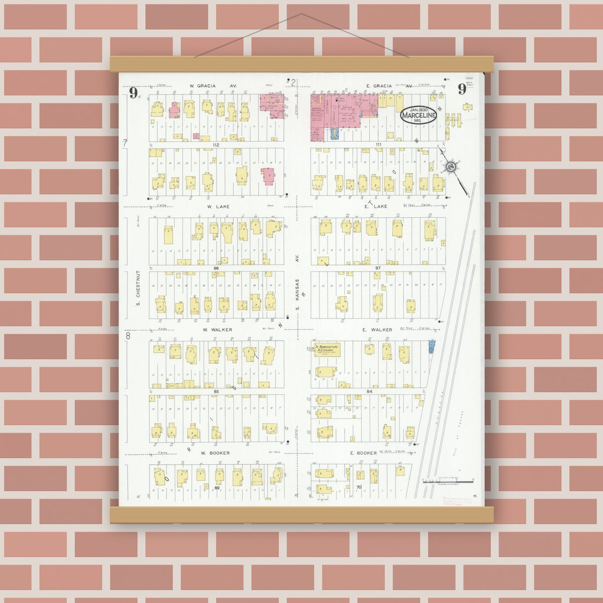 Old map wall art mockup — magnetic wood frame on brick wall — Sanborn Fire Insurance Map from Marceline, Linn County, Missouri (1930), Sheet #0009