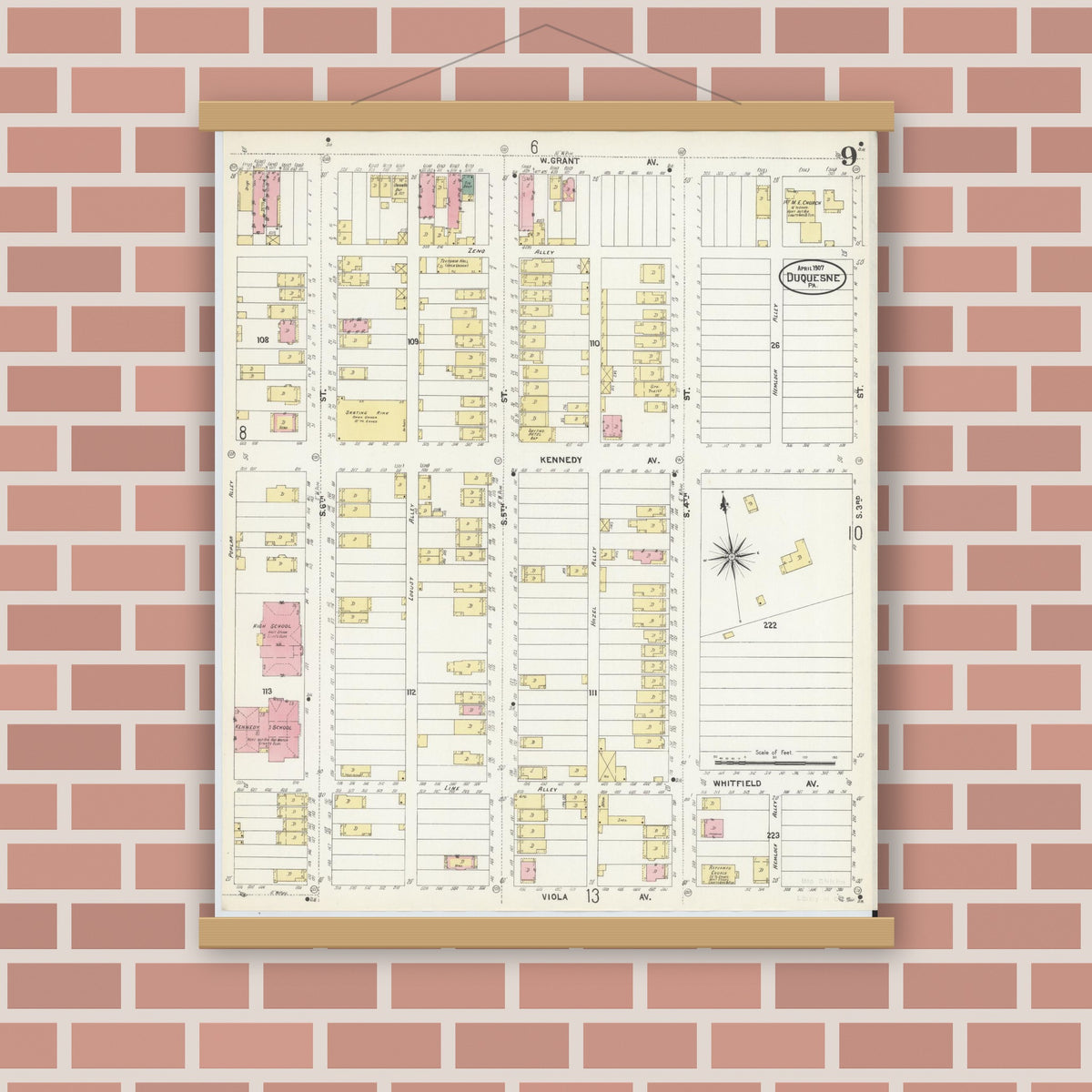 Old map wall art mockup — magnetic wood frame on brick wall — Sanborn Fire Insurance Map from Duquesne, Allegheny County, Pennsylvania (1907), Sheet #0009
