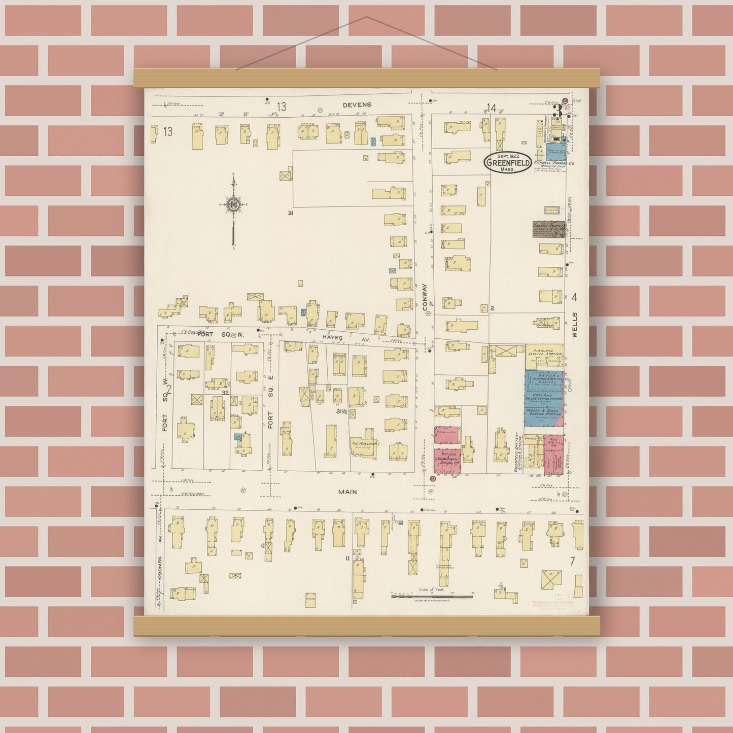 Old map wall art mockup — magnetic wood frame on brick wall — Sanborn Fire Insurance Map from Greenfield, Franklin County, Massachusetts (1922), Sheet #0003