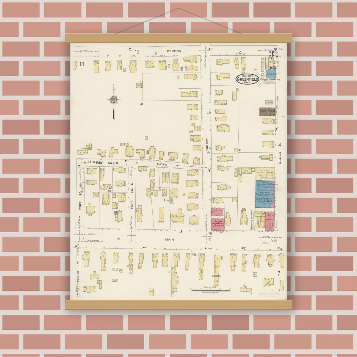 Old map wall art mockup — magnetic wood frame on brick wall — Sanborn Fire Insurance Map from Greenfield, Franklin County, Massachusetts (1922), Sheet #0003