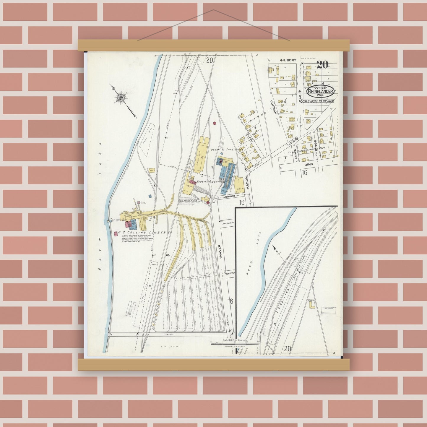 Old map wall art mockup — magnetic wood frame on brick wall — Sanborn Fire Insurance Map from Rhinelander, Oneida County, Wisconsin (1920), Sheet #0020