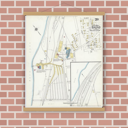 Old map wall art mockup — magnetic wood frame on brick wall — Sanborn Fire Insurance Map from Rhinelander, Oneida County, Wisconsin (1920), Sheet #0020