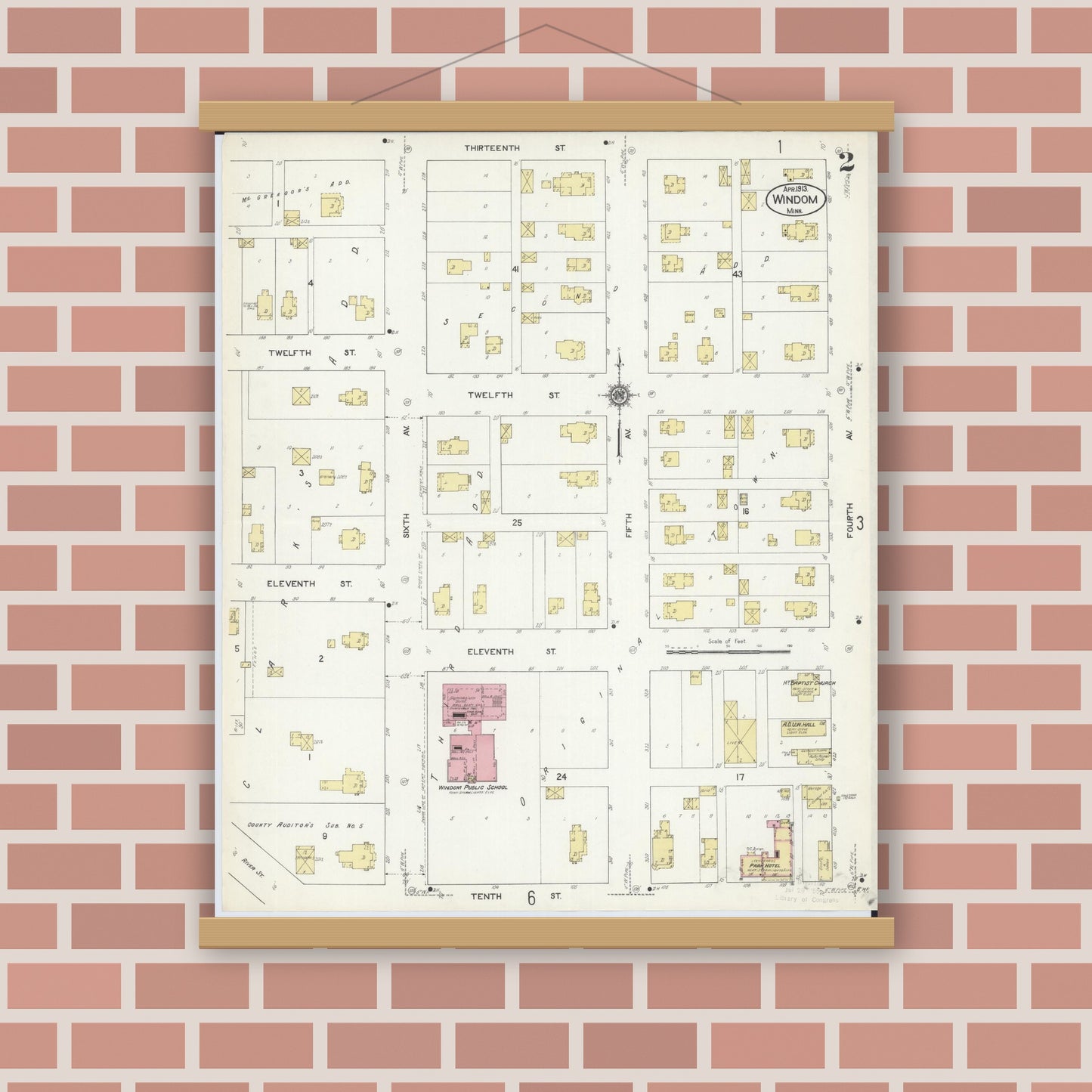 Old map wall art mockup — magnetic wood frame on brick wall — Sanborn Fire Insurance Map from Windom, Cottonwood County, Minnesota (1913), Sheet #0002