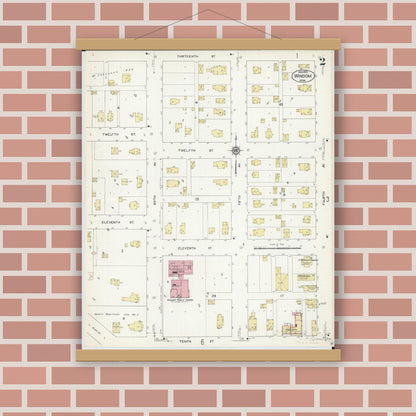 Old map wall art mockup — magnetic wood frame on brick wall — Sanborn Fire Insurance Map from Windom, Cottonwood County, Minnesota (1913), Sheet #0002