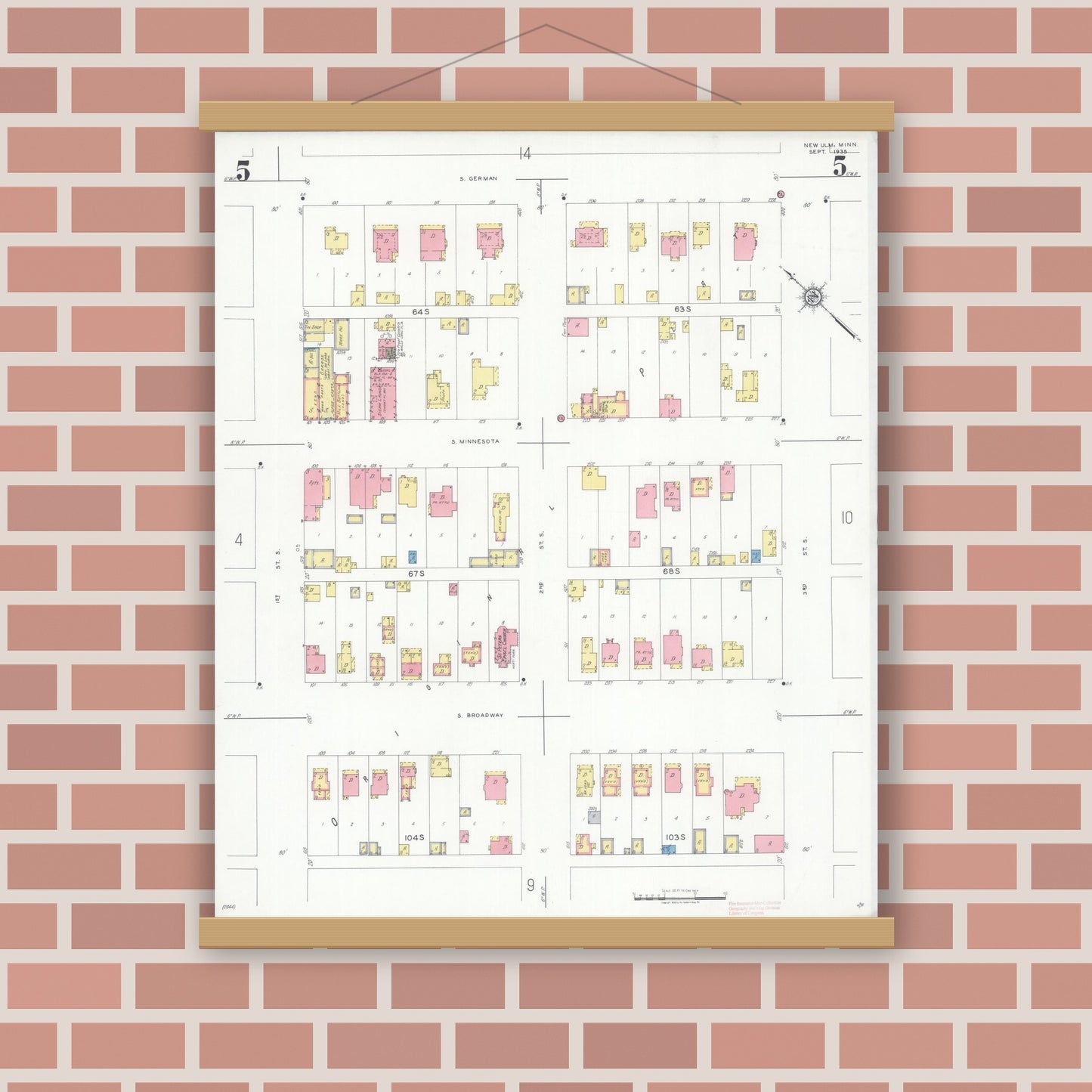 Old map wall art mockup — magnetic wood frame on brick wall — Sanborn Fire Insurance Map from New Ulm, Brown County, Minnesota (1935), Sheet #0005