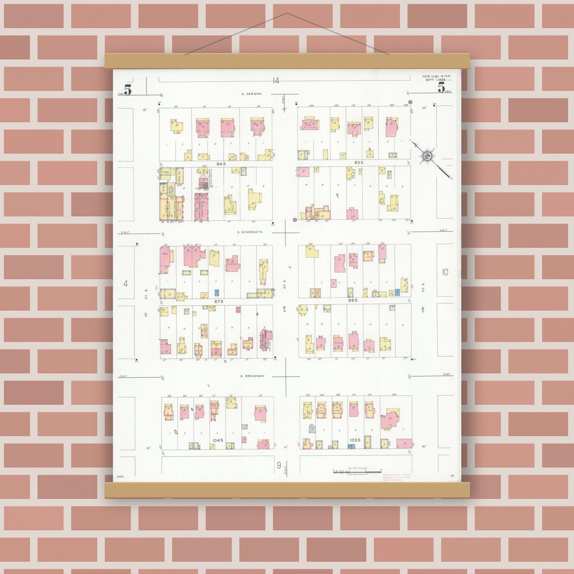Old map wall art mockup — magnetic wood frame on brick wall — Sanborn Fire Insurance Map from New Ulm, Brown County, Minnesota (1935), Sheet #0005