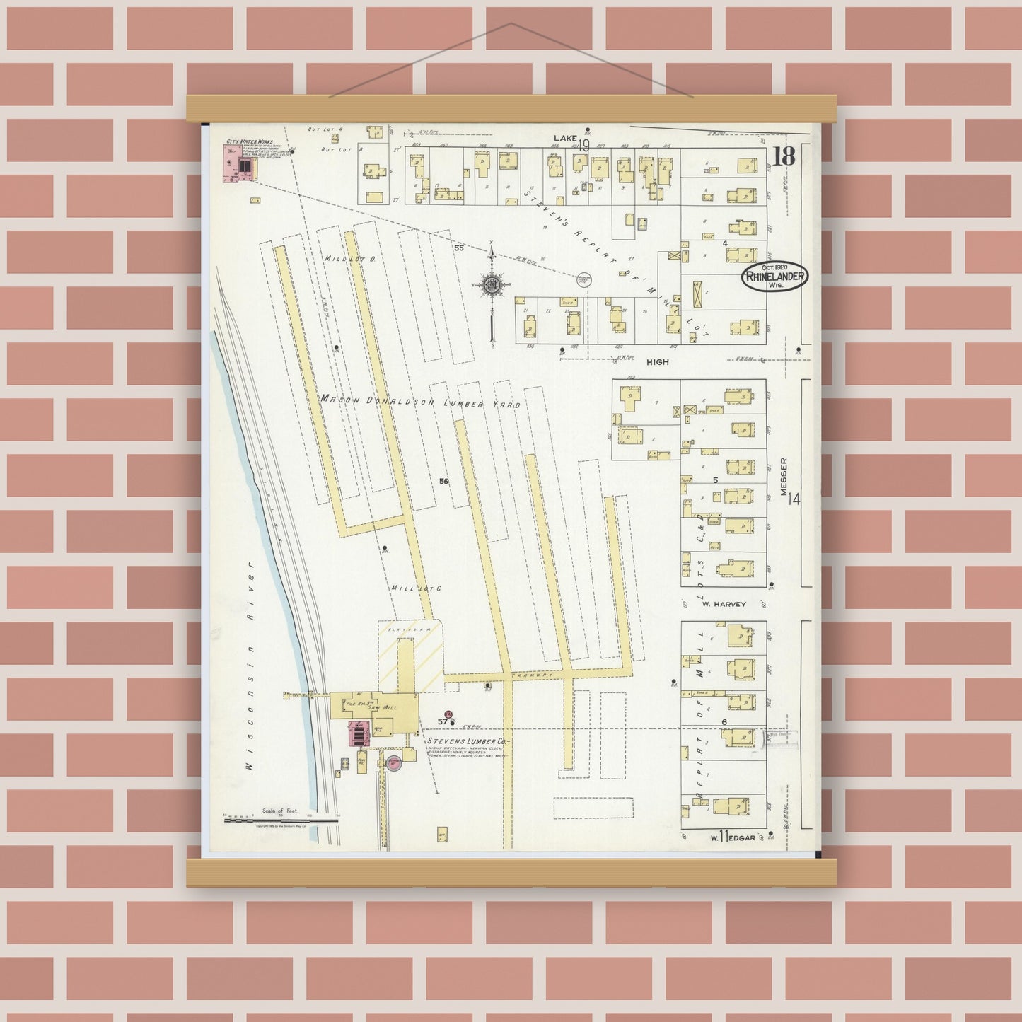 Old map wall art mockup — magnetic wood frame on brick wall — Sanborn Fire Insurance Map from Rhinelander, Oneida County, Wisconsin (1920), Sheet #0018