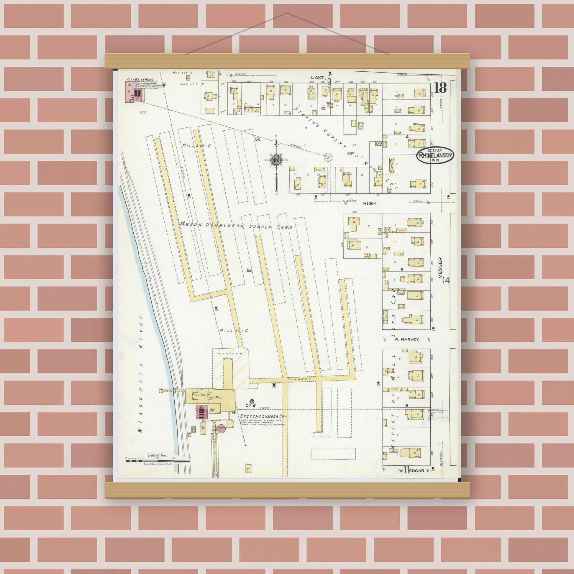 Old map wall art mockup — magnetic wood frame on brick wall — Sanborn Fire Insurance Map from Rhinelander, Oneida County, Wisconsin (1920), Sheet #0018