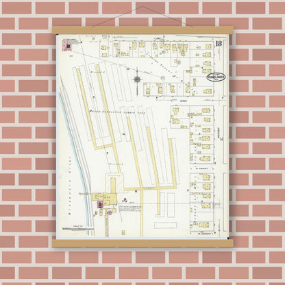 Old map wall art mockup — magnetic wood frame on brick wall — Sanborn Fire Insurance Map from Rhinelander, Oneida County, Wisconsin (1920), Sheet #0018