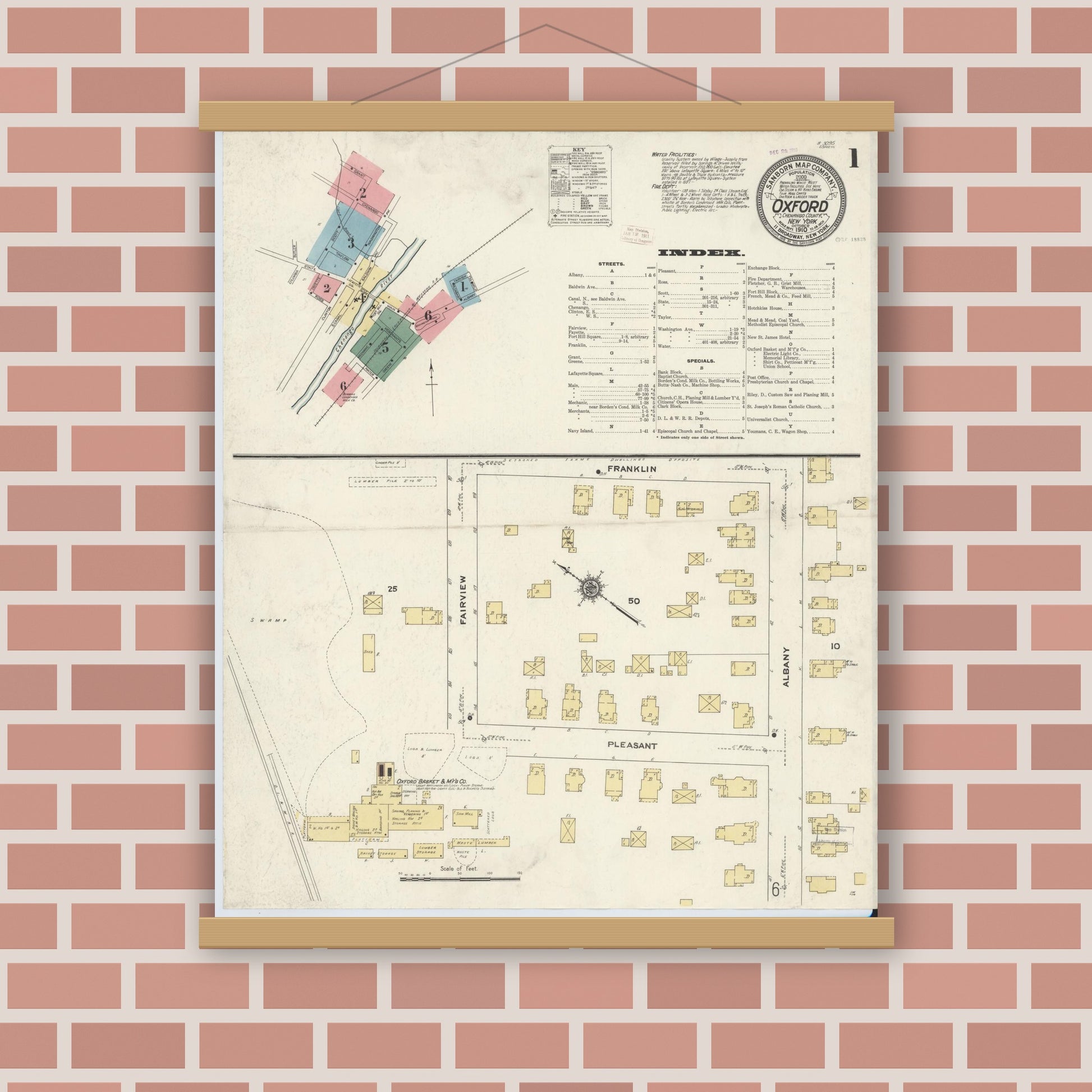 Old map wall art mockup — magnetic wood frame on brick wall — Sanborn Fire Insurance Map from Oxford, Chenango County, New York (1910) - Complete Map Set