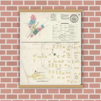 Old map wall art mockup — magnetic wood frame on brick wall — Sanborn Fire Insurance Map from Oxford, Chenango County, New York (1910) - Complete Map Set