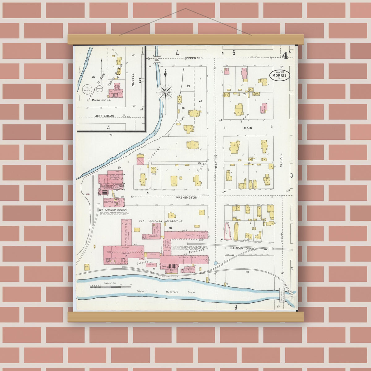 Old map wall art mockup — magnetic wood frame on brick wall — Sanborn Fire Insurance Map from Morris, Grundy County, Illinois (1907), Sheet #0004
