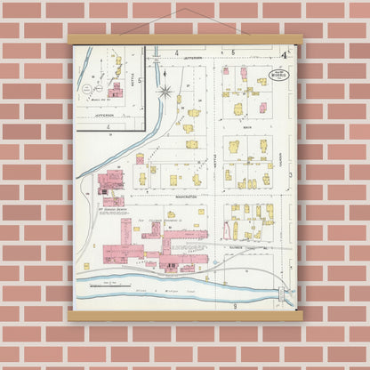 Old map wall art mockup — magnetic wood frame on brick wall — Sanborn Fire Insurance Map from Morris, Grundy County, Illinois (1907), Sheet #0004