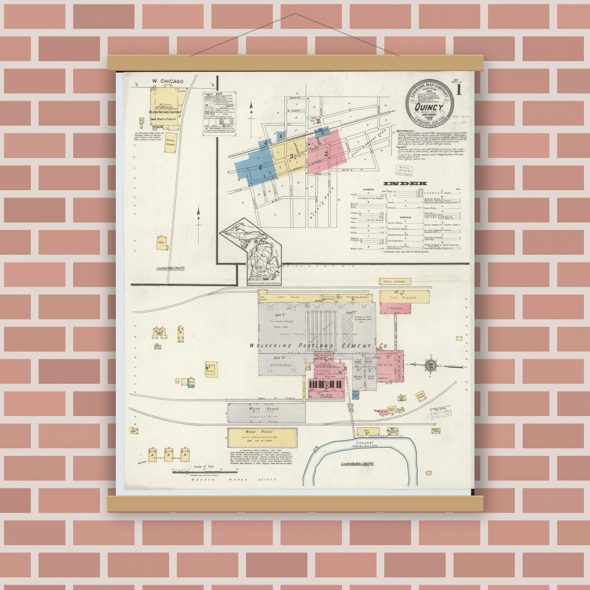 Old map wall art mockup — magnetic wood frame on brick wall — Sanborn Fire Insurance Map from Quincy, Branch County, Michigan (1919) - Complete Map Set