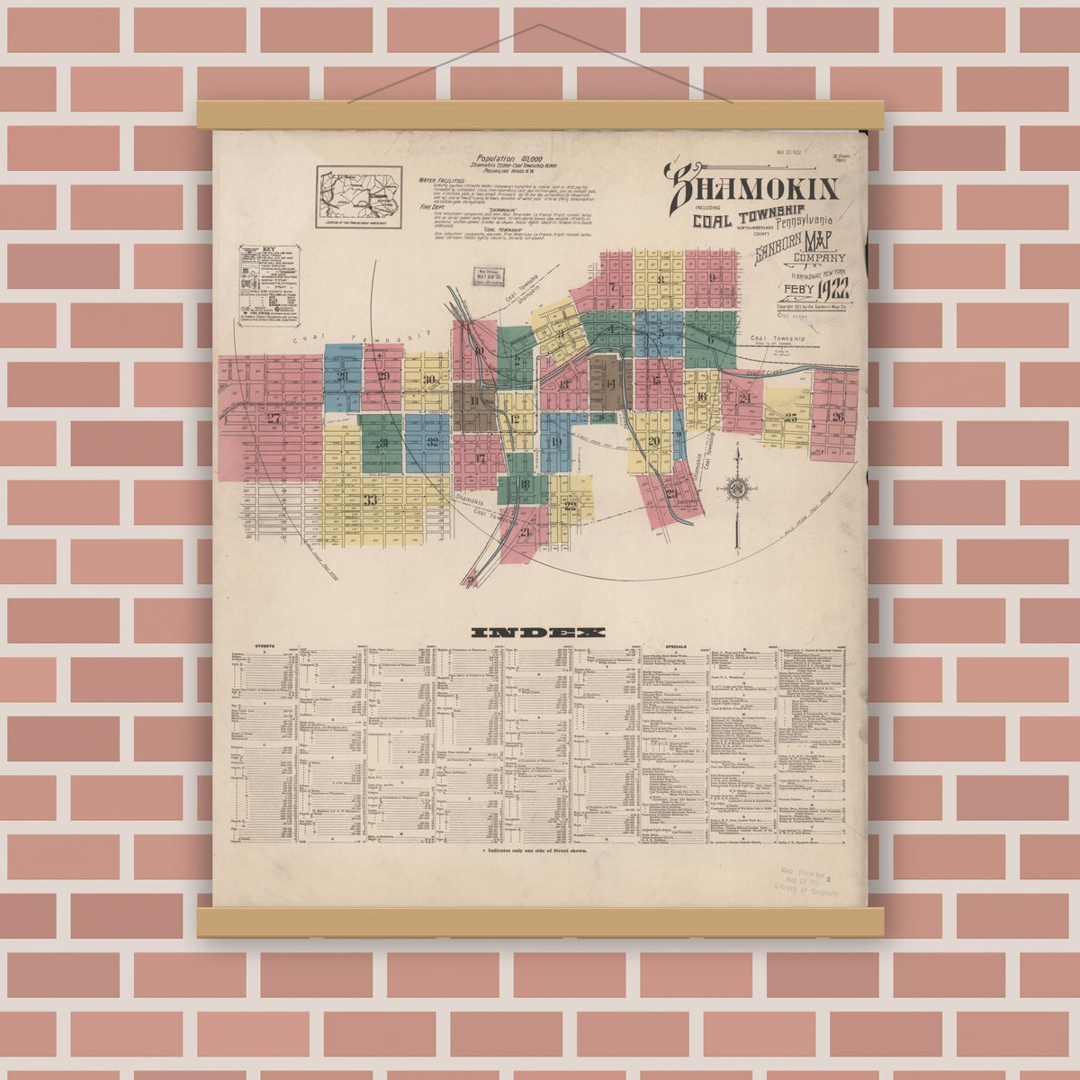 Old map wall art mockup — magnetic wood frame on brick wall — Sanborn Fire Insurance Map from Shamokin, Northumberland County, Pennsylvania (1922) - Complete Map Set