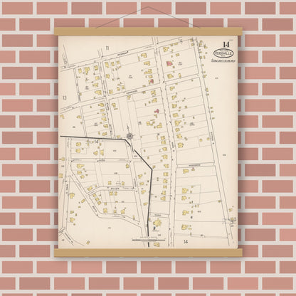 Old map wall art mockup — magnetic wood frame on brick wall — Sanborn Fire Insurance Map from Reidsville, Rockingham County, North Carolina (1922), Sheet #0014