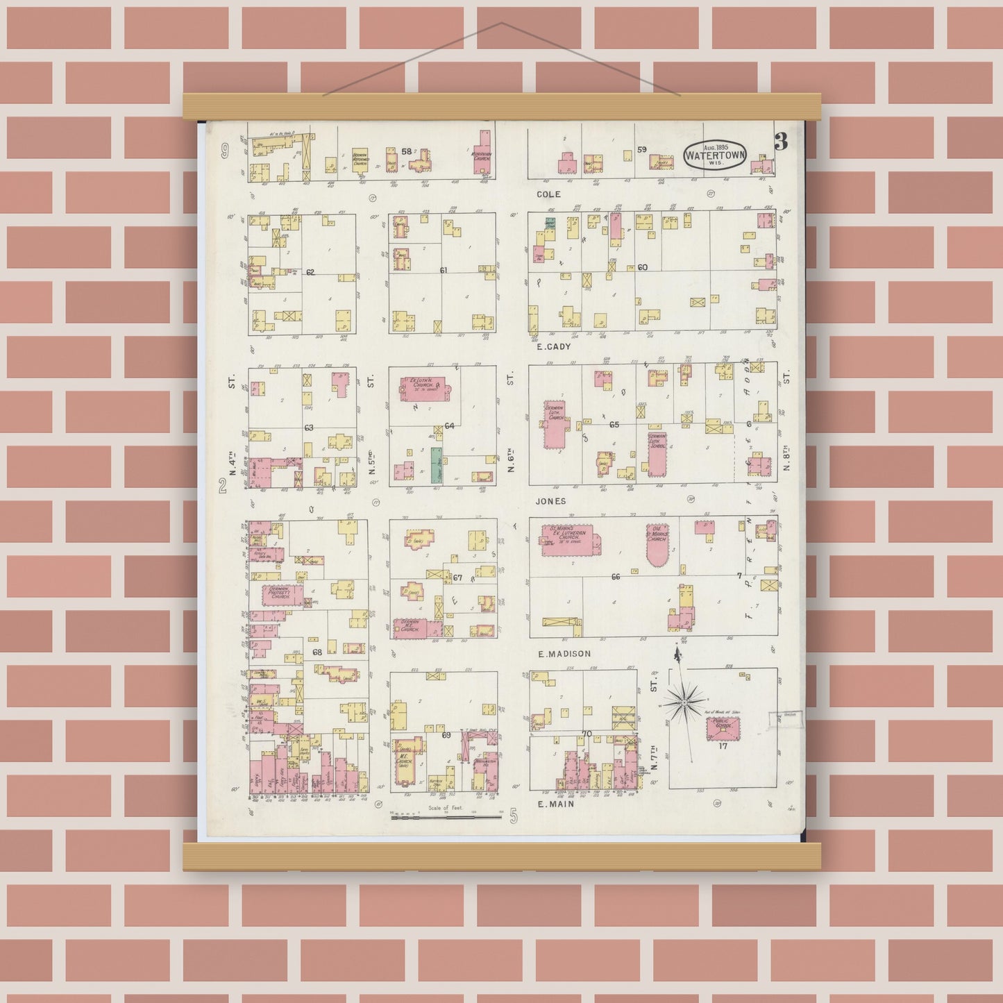 Old map wall art mockup — magnetic wood frame on brick wall — Sanborn Fire Insurance Map from Watertown, Jefferson County, Wisconsin (1895), Sheet #0003