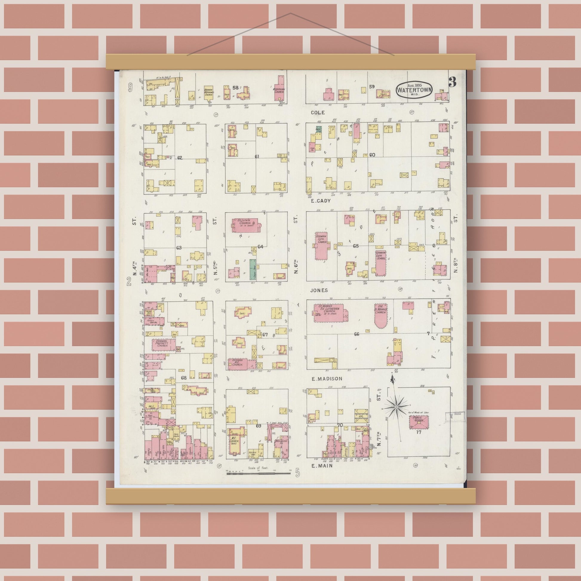 Old map wall art mockup — magnetic wood frame on brick wall — Sanborn Fire Insurance Map from Watertown, Jefferson County, Wisconsin (1895), Sheet #0003