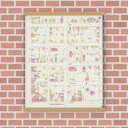 Old map wall art mockup — magnetic wood frame on brick wall — Sanborn Fire Insurance Map from Watertown, Jefferson County, Wisconsin (1895), Sheet #0003
