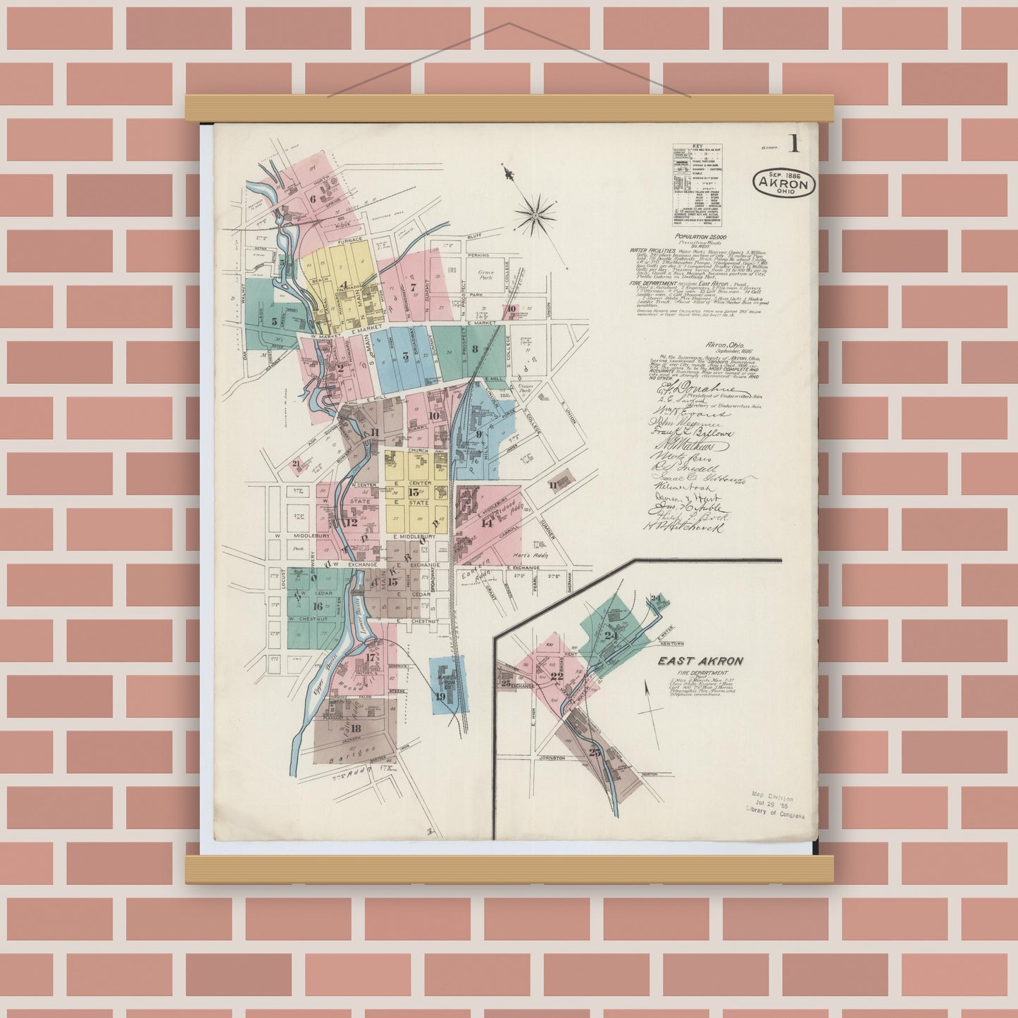 Old map wall art mockup — magnetic wood frame on brick wall — Sanborn Fire Insurance Map from Akron, Summit County, Ohio (1886), Sheet #0001