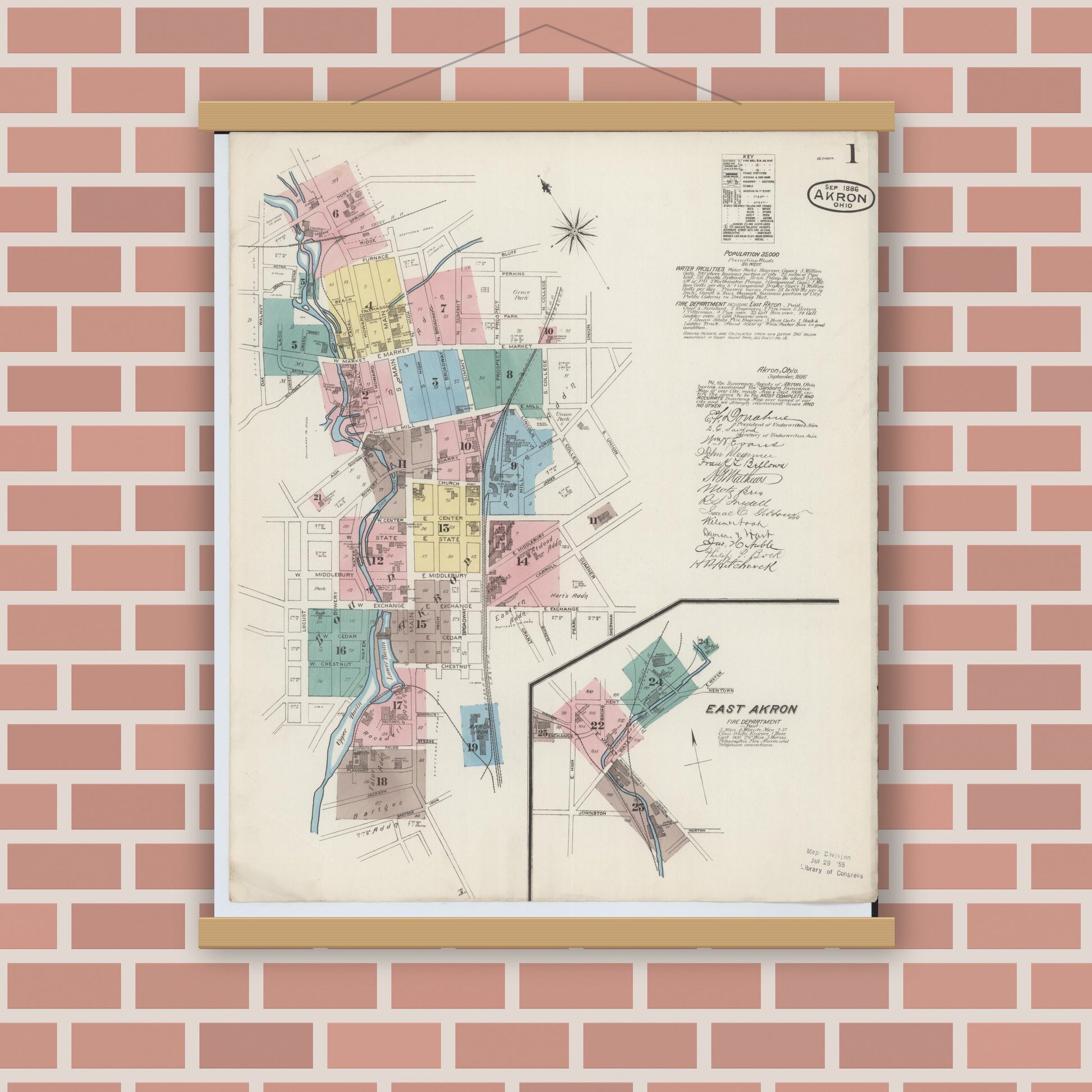 Old map wall art mockup — magnetic wood frame on brick wall — Sanborn Fire Insurance Map from Akron, Summit County, Ohio (1886), Sheet #0001