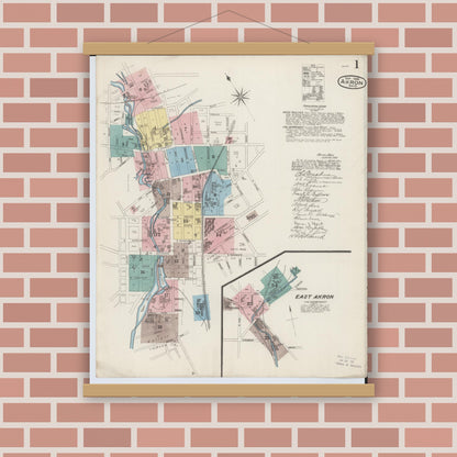Old map wall art mockup — magnetic wood frame on brick wall — Sanborn Fire Insurance Map from Akron, Summit County, Ohio (1886), Sheet #0001