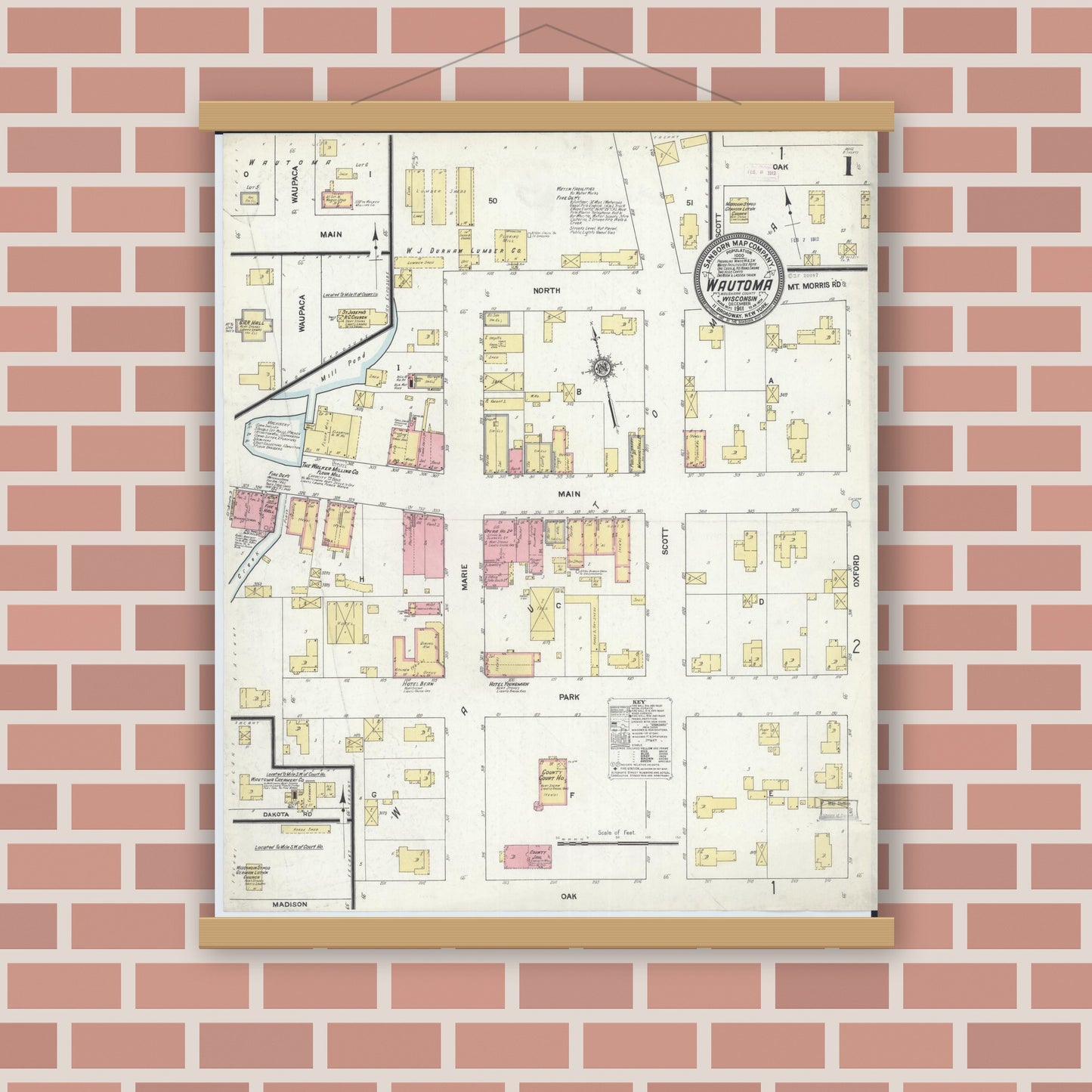 Old map wall art mockup — magnetic wood frame on brick wall — Sanborn Fire Insurance Map from Wautoma, Waushara County, Wisconsin (1911) - Complete Map Set
