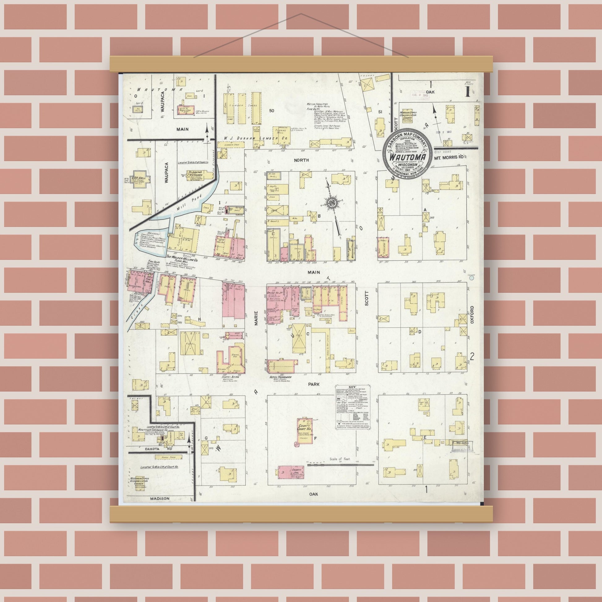 Old map wall art mockup — magnetic wood frame on brick wall — Sanborn Fire Insurance Map from Wautoma, Waushara County, Wisconsin (1911) - Complete Map Set