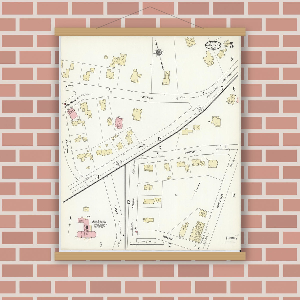Old map wall art mockup — magnetic wood frame on brick wall — Sanborn Fire Insurance Map from Gardner, Worcester County, Massachusetts (1914), Sheet #0005