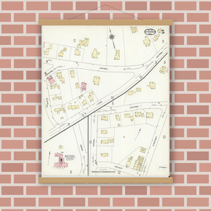 Old map wall art mockup — magnetic wood frame on brick wall — Sanborn Fire Insurance Map from Gardner, Worcester County, Massachusetts (1914), Sheet #0005