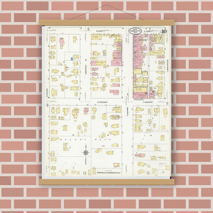 Old map wall art mockup — magnetic wood frame on brick wall — Sanborn Fire Insurance Map from Charlotte, Eaton County, Michigan (1911), Sheet #0010