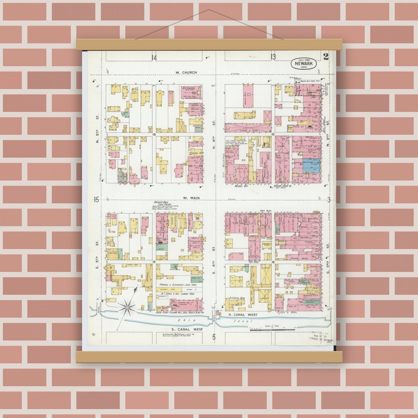 Old map wall art mockup — magnetic wood frame on brick wall — Sanborn Fire Insurance Map from Newark, Licking County, Ohio (1899), Sheet #0002