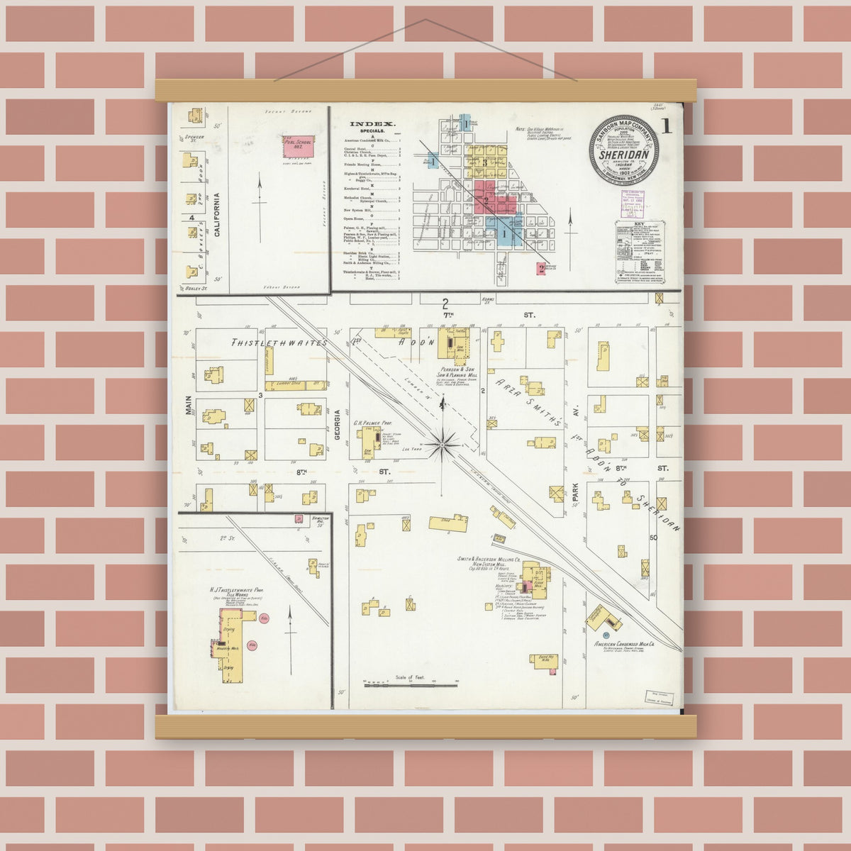 Old map wall art mockup — magnetic wood frame on brick wall — Sanborn Fire Insurance Map from Sheridan, Hamilton County, Indiana (1902), Sheet #0001