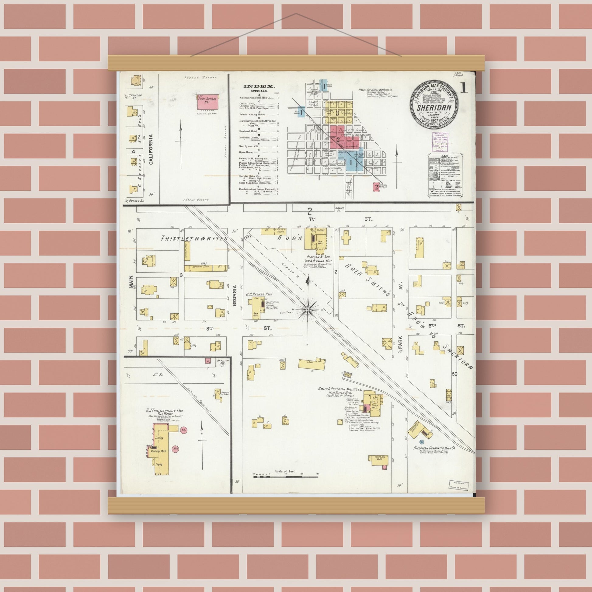 Old map wall art mockup — magnetic wood frame on brick wall — Sanborn Fire Insurance Map from Sheridan, Hamilton County, Indiana (1902), Sheet #0001