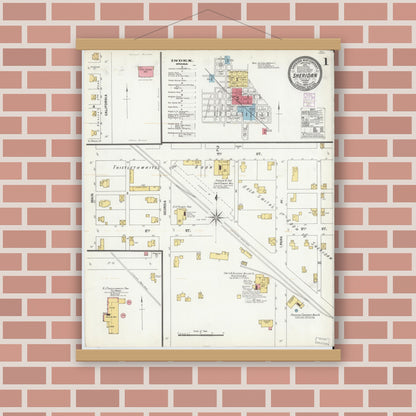 Old map wall art mockup — magnetic wood frame on brick wall — Sanborn Fire Insurance Map from Sheridan, Hamilton County, Indiana (1902), Sheet #0001