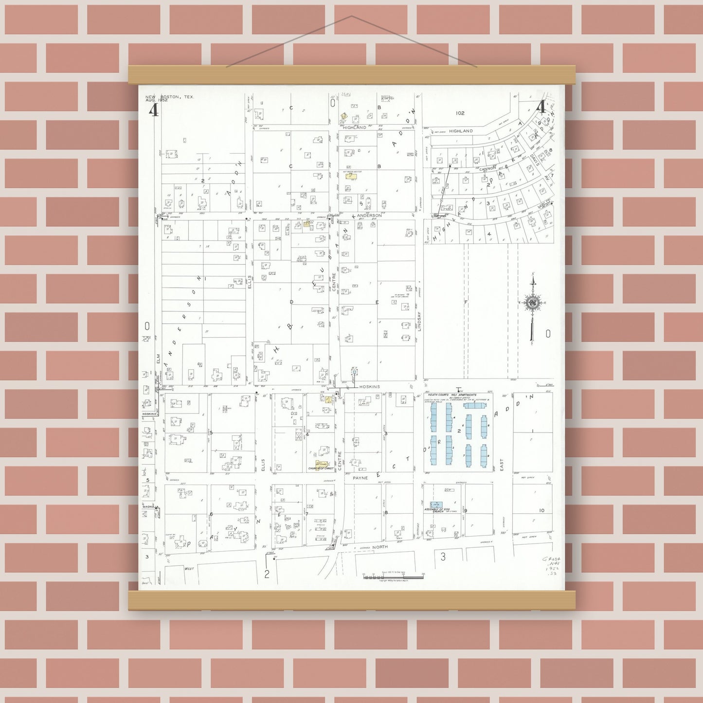 Old map wall art mockup — magnetic wood frame on brick wall — Sanborn Fire Insurance Map from New Boston, Bowie County, Texas (1952), Sheet #0004