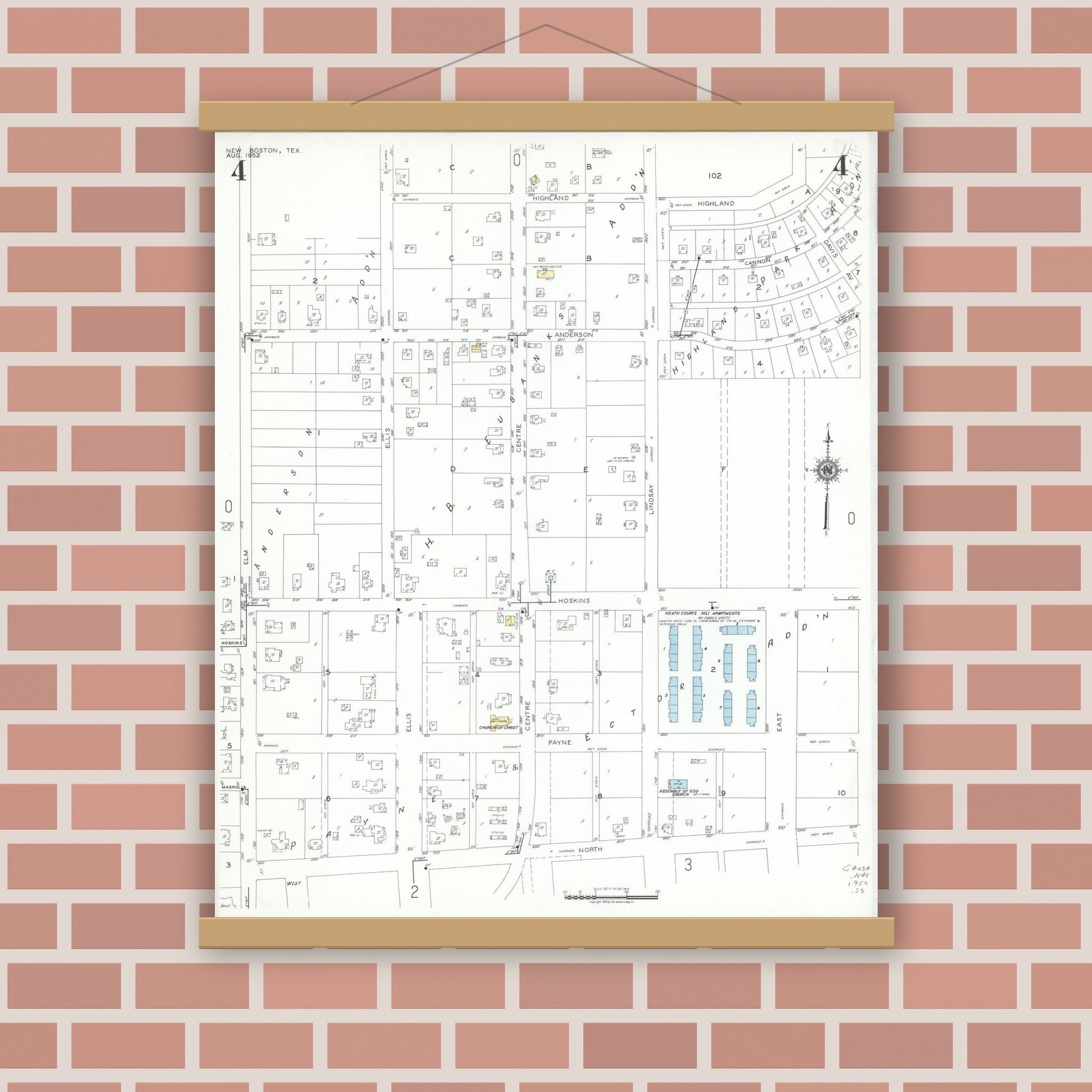 Old map wall art mockup — magnetic wood frame on brick wall — Sanborn Fire Insurance Map from New Boston, Bowie County, Texas (1952), Sheet #0004