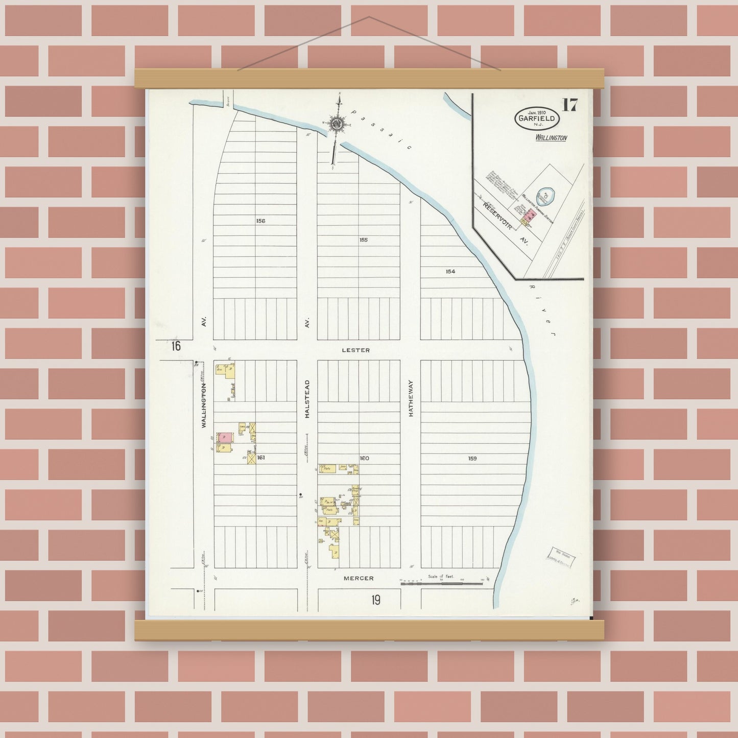 Old map wall art mockup — magnetic wood frame on brick wall — Sanborn Fire Insurance Map from Garfield, Bergen County, New Jersey (1910), Sheet #0017