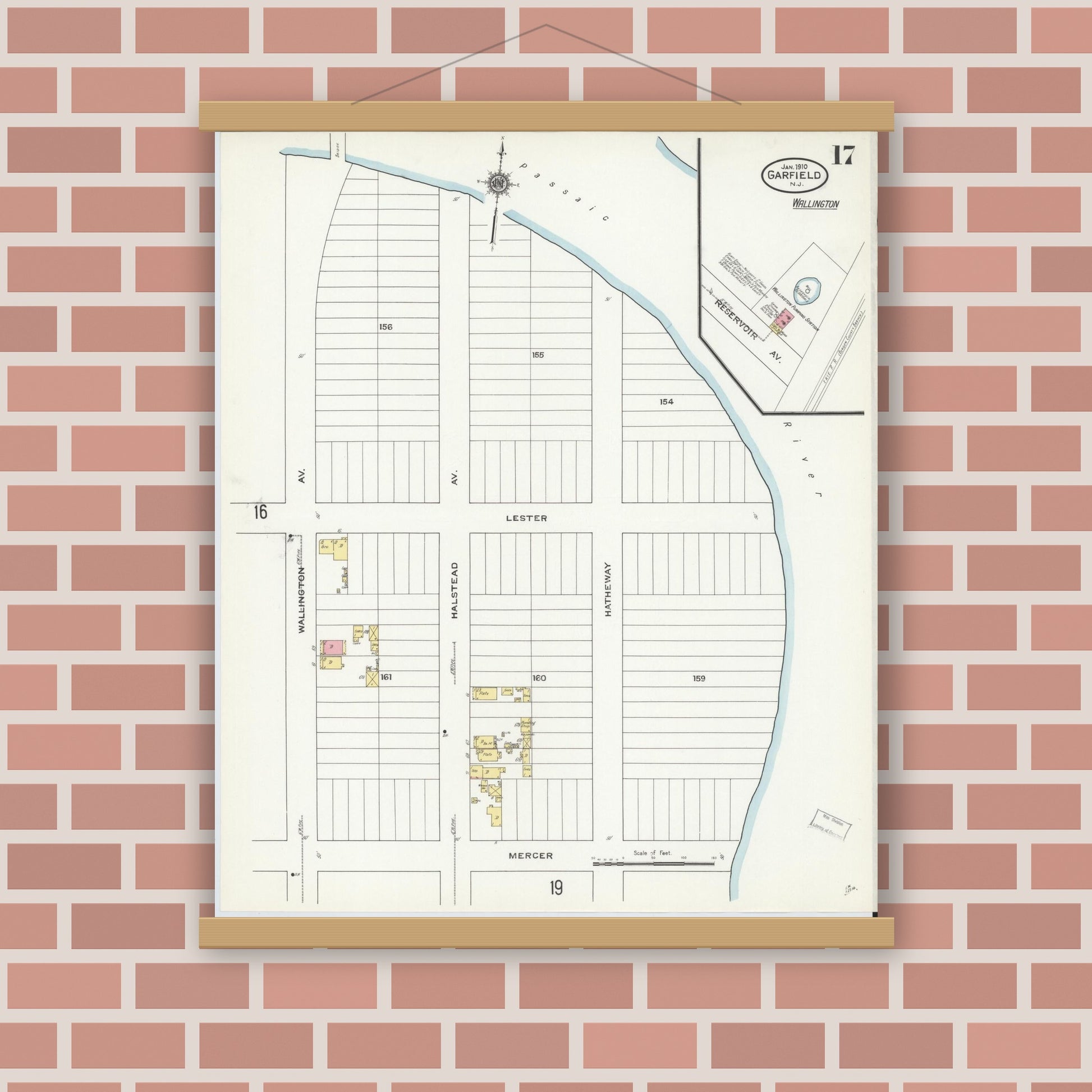 Old map wall art mockup — magnetic wood frame on brick wall — Sanborn Fire Insurance Map from Garfield, Bergen County, New Jersey (1910), Sheet #0017