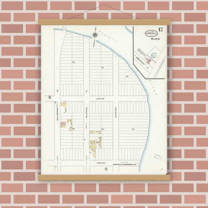 Old map wall art mockup — magnetic wood frame on brick wall — Sanborn Fire Insurance Map from Garfield, Bergen County, New Jersey (1910), Sheet #0017